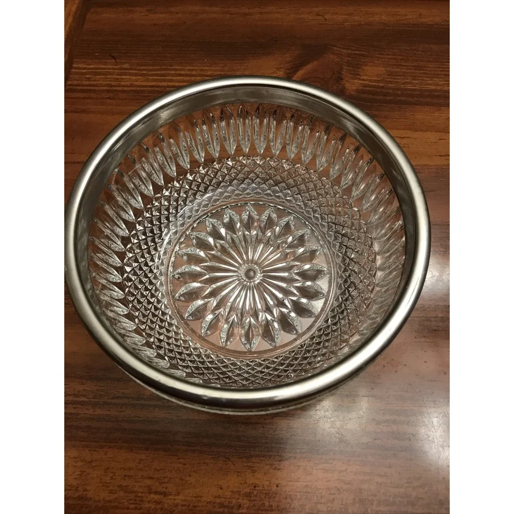 MCM pressed glass 4 1/2 bowl with‎ stainless trim